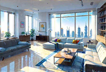 ((front view)), (Close-Up View), (Rule of Thirds), ((animation style)), modern-style interior, white walls, ((large windows)), wooden floor, a study, Sofa, coffee table, bookcase, single wall,
warm light morning sun, (((City high-rise building scenery))), (((clear sky)))