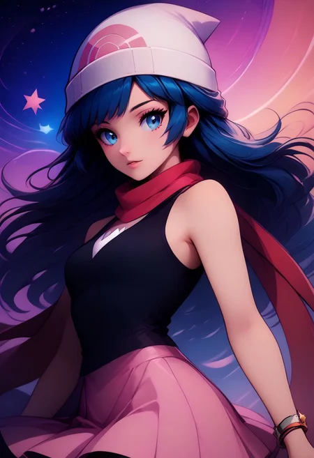 score_9, score_8_up, score_8, medium breasts, (curvy), cute, eyelashes, rating_safe,
BREAK,
zzDawn, blue hair, blue eyes, sidelocks, long hair, bare shoulders, beanie, black shirt, black socks, bracelet, hat, jewelry, kneehighs, miniskirt, pink skirt, red scarf, scarf, shirt, skirt, sleeveless, sleeveless shirt, white headwear,
BREAK,
colorful abstract background,
dynamic angle, stars, floating, colorful, pink, blue eyes, black bow, from side, on back, spaceship, technological,
zPDXL,