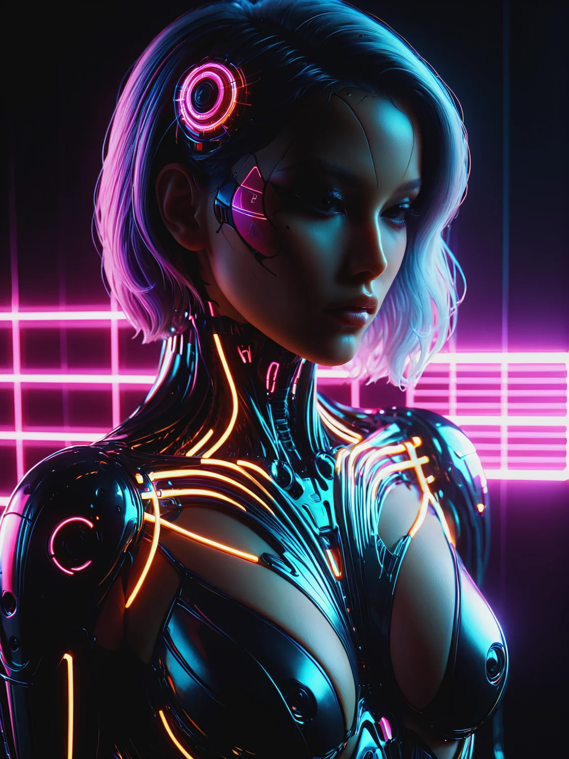 mad-cbrbdy woman , vaporwave, neon, retro_futurism, 80s, synthwave, grid, glowing, neon_lights, vibrant_colors, aesthetic, geometric pattern, <lora:Neon_Cyberpunk_Cyberbody_v2_SDXL:0.8>, raw photo, film grain, Fujifilm XT3, (photorealistic, realistic:1.2), deep shadow, 8k, uhd, dslr, ultra high res