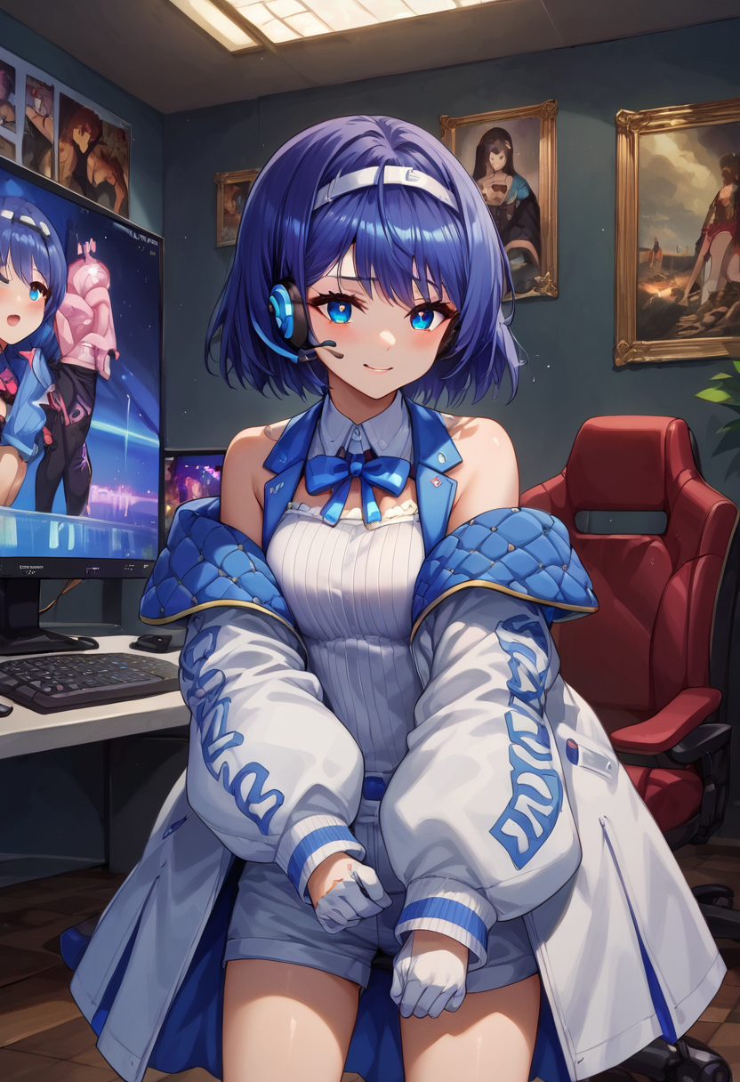 score_9, score_8_up, score_7_up, source_anime, BREAK
 <lora:SuzukiTsudumi_Pony_V1:0.8>suzukitsudumi, 1girl, bangs, headband, bow, blue hair,
white dress, long sleeves, short hair, off shoulder, puffy sleeves, shirt, smile, white footwear, white gloves, hood, 
(cowboy shot:1.3), solo, ,close mouth,Hands-on Lap,nervous,,
Streamer room, gaming chair, gaming PC, game equipment, controller, TV monitor, PC monitor, headphones, headset, anime poster, game poster, Dark lighting, neon lighting, cyberpunk,
 <lora:Expressive_H:1>expressiveh,