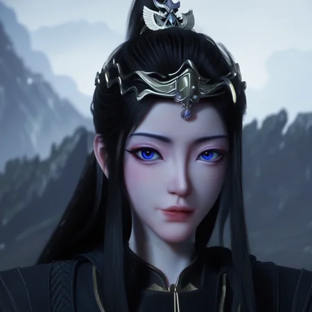 <lora:ponyyuanyao1:1>,yuanyao,3d,the image is a close-up portrait of a young woman with long black hair and blue eyes. she is wearing a black outfit with gold accents and a headpiece with intricate designs on it. the headpiece appears to be made of metal and has a dragon-like design on top. the woman is looking directly at the camera with a serious expression on her face. in the background, there is a mountainous landscape with a cloudy sky. the overall mood of the image is dark and mysterious.