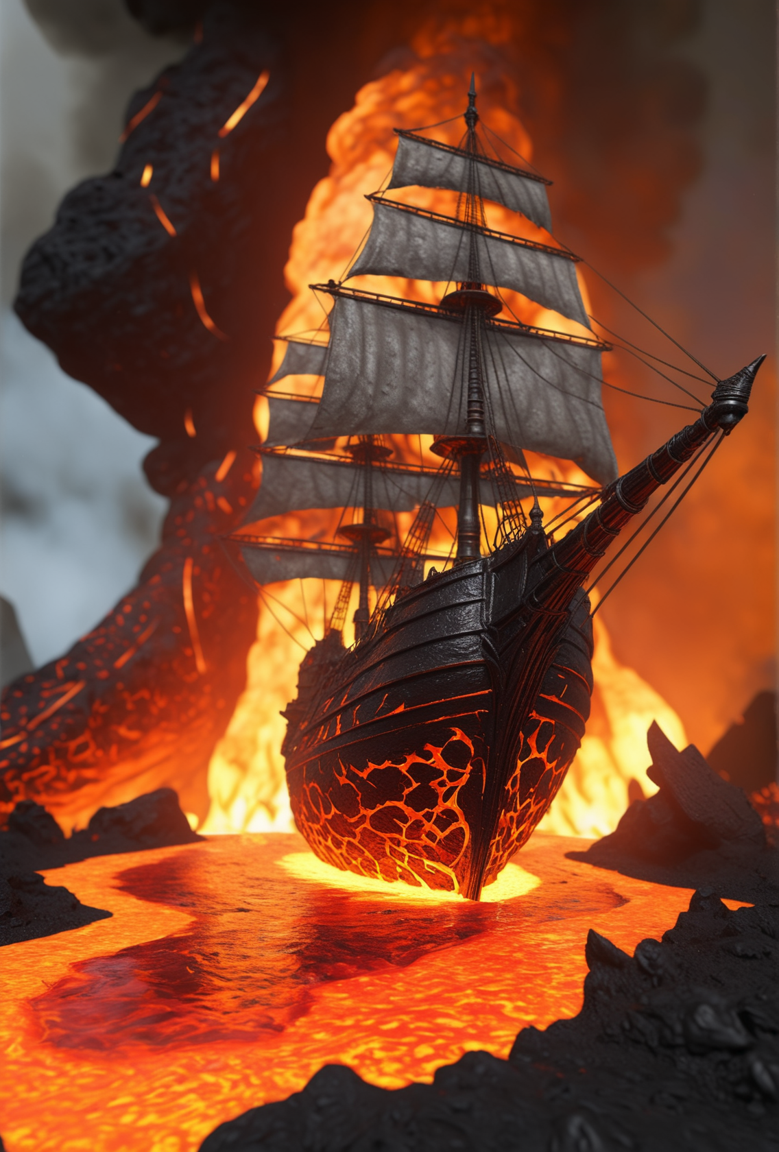 score_9, score_8_up, score_8, realistic, intricate details, ultra-realistic, high saturation, high contrast, RAW, lava pool, fire elemental, metal sail ship, <lora:add-detail-xl:1>, dynamic lighting, magma, molten rock, liquid fire, painting, drawing