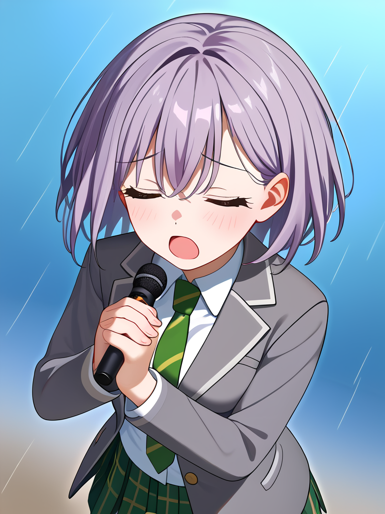 takamatsu tomori, <lora:tomori_PonyXL:1>, 1girl, solo, bangs, short hair, grey hair, amber eyes, medium breasts, cowboy shot, purple hairs, school uniform, grey jacket, plaid skirt, green skirt, pleated skirt, green striped necktie, white shirt, holding microphone, blue background, gradient background, closed eyes, open mouth, motion lines, own hands together, shouting, from above, rain,, best quality, masterpiece, highres,