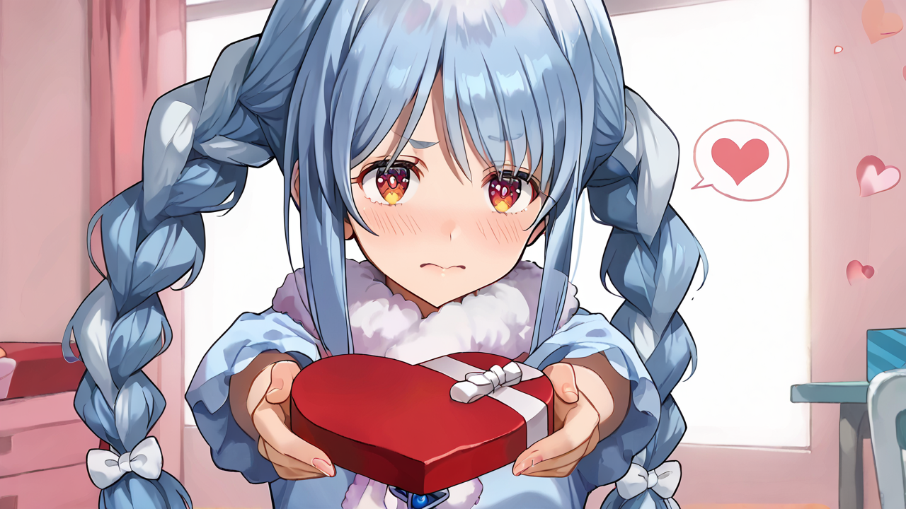 score_9, score_8_up, score_7_up, score_6_up, score_5_up, score_4_up, BREAK source_anime, solo, 1g, pekora, <lora:heart-shaped-box-ponyxl-lora-nochekaiser:1>, heart-shaped box, holding, box, gift, valentine, incoming gift, outstretched arms, embarrassed,  <lora:pekora.pony:1>