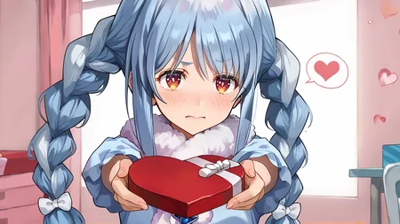 score_9, score_8_up, score_7_up, score_6_up, score_5_up, score_4_up, BREAK source_anime, solo, 1g, pekora, <lora:heart-shaped-box-ponyxl-lora-nochekaiser:1>, heart-shaped box, holding, box, gift, valentine, incoming gift, outstretched arms, embarrassed, <lora:pekora.pony:1>