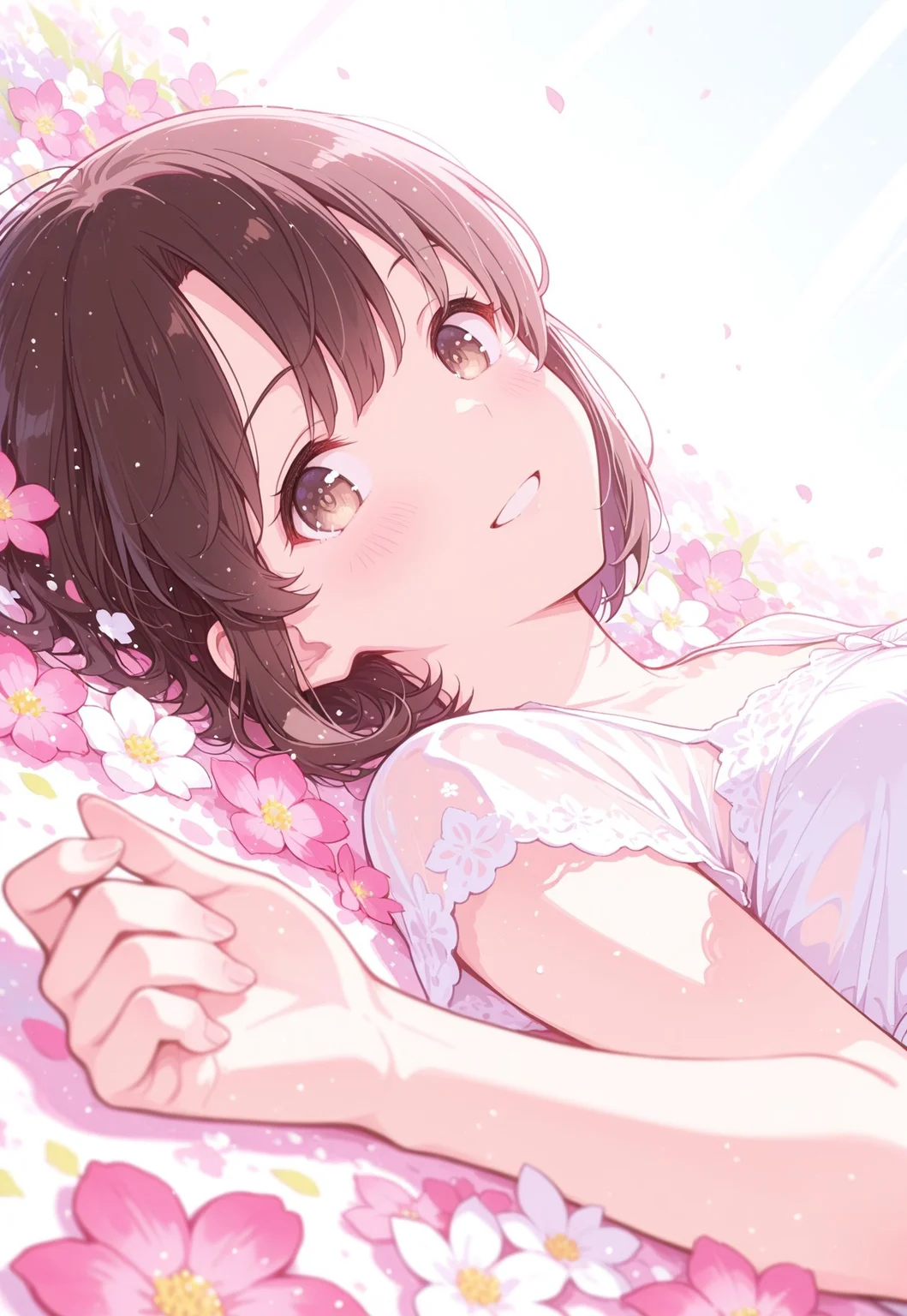 1girl,Megumi <lora:IL-KatoMegumi:0.8>,brown hair,katou megumi,brown eyes,solo,short hair,fluffy hair,detailed pupils,
peaches and cream skin,fun and sweet atmosphere,sweet color theme,
Pleasure signs,smile,looking at viewer,detailed face,clavicle,medium breast,
white lace dress,translucent,falling,lying back,
(flowers,full of flowers,multicoloured:1.3),
colourful,gradient colors,pastel colors,close up,pov,
masterpiece, best quality, amazing quality, very aesthetic, ((detailed eyes))