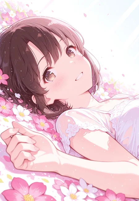 1girl,Megumi <lora:IL-KatoMegumi:0.8>,brown hair,katou megumi,brown eyes,solo,short hair,fluffy hair,detailed pupils,
peaches and cream skin,fun and sweet atmosphere,sweet color theme,
Pleasure signs,smile,looking at viewer,detailed face,clavicle,medium breast,
white lace dress,translucent,falling,lying back,
(flowers,full of flowers,multicoloured:1.3),
colourful,gradient colors,pastel colors,close up,pov,
masterpiece, best quality, amazing quality, very aesthetic, ((detailed eyes))