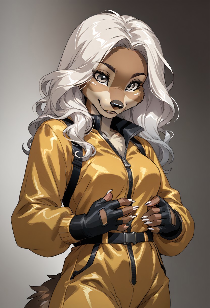 score_9, score_8_up, score_7_up, (by jailbird:1.5), (by kittydee:1.5), (by zummeng:1.5), masterpiece, best quality, (solo),  
(Furry Art: anthro: echidna:1.5), 1girl, expressive eyes, feminine eyes, <lora:beautiful_detailed_eyes:1>, perfect face, brown body, long snout, yellow quills, claws, grey eyes, (white hair:1.5), (punk style hair), (asymmetrical haircut), medium breasts, (jumpsuit:1.5), (fingerless gloves:1.5),