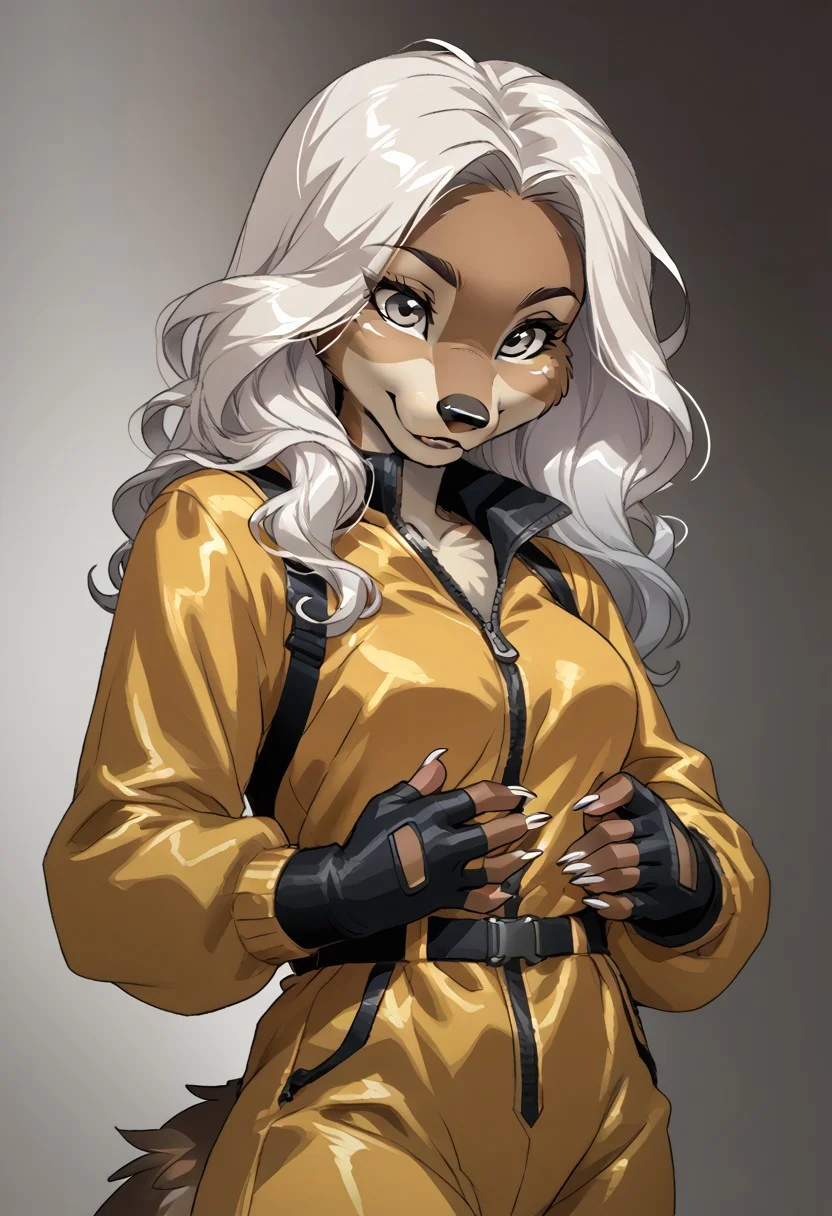 score_9, score_8_up, score_7_up, (by jailbird:1.5), (by kittydee:1.5), (by zummeng:1.5), masterpiece, best quality, (solo),
(Furry Art: anthro: echidna:1.5), 1girl, expressive eyes, feminine eyes, <lora:beautiful_detailed_eyes:1>, perfect face, brown body, long snout, yellow quills, claws, grey eyes, (white hair:1.5), (punk style hair), (asymmetrical haircut), medium breasts, (jumpsuit:1.5), (fingerless gloves:1.5),