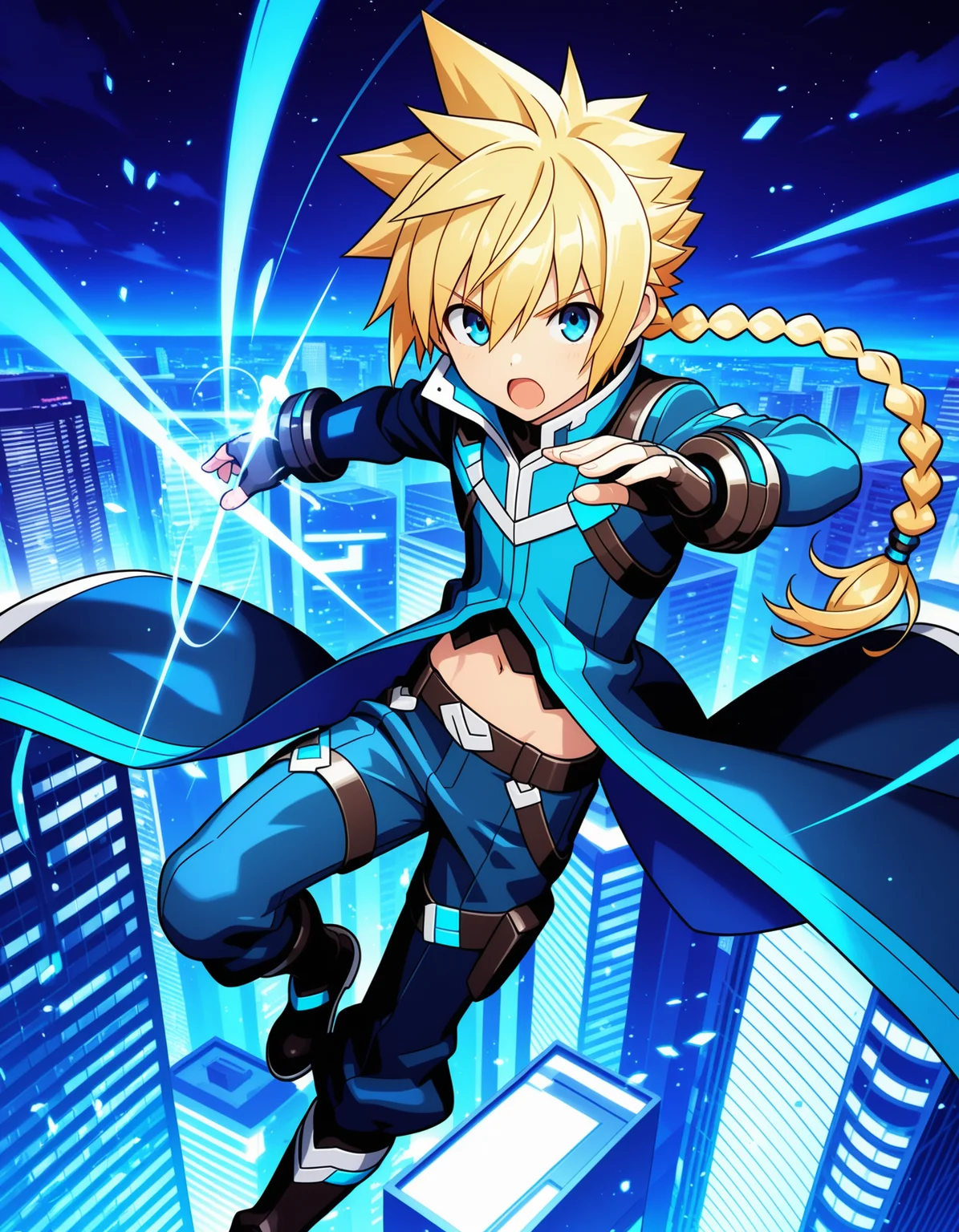 masterpiece,best quality,amazing quality,official art
BREAK
dynamic pose,gunvolt,fighting pose,open mouth,1boy,solo,blonde hair,long hair,braided ponytail,spiked hair,single braids,blue eyes,
coat,long coat,navel,pants,gloves,fingerless gloves, boots,science fiction,city,night
BREAK
<lora:gunvolt_ill:1>