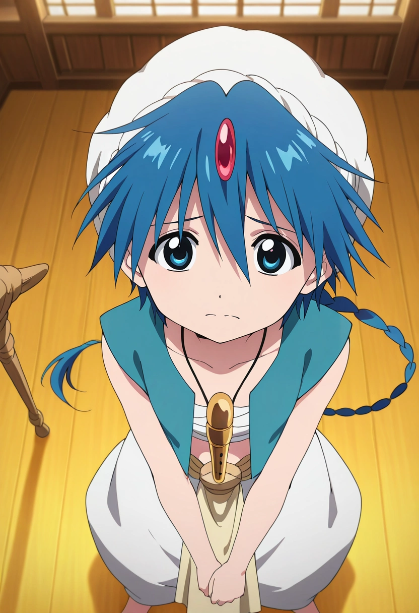 masterpiece, best quality, intricate details, anime screencap, anime coloring, official style, looking at viewer, 1boy, solo, male focus, <lora:aladdin_magi_ilxl:0.9>, aladdin_magi, blue hair, blue eyes, long hair, braid, single braid, turban, , , , instrument, staff, , from above, dojo, indoors, light, victory pose, sad,