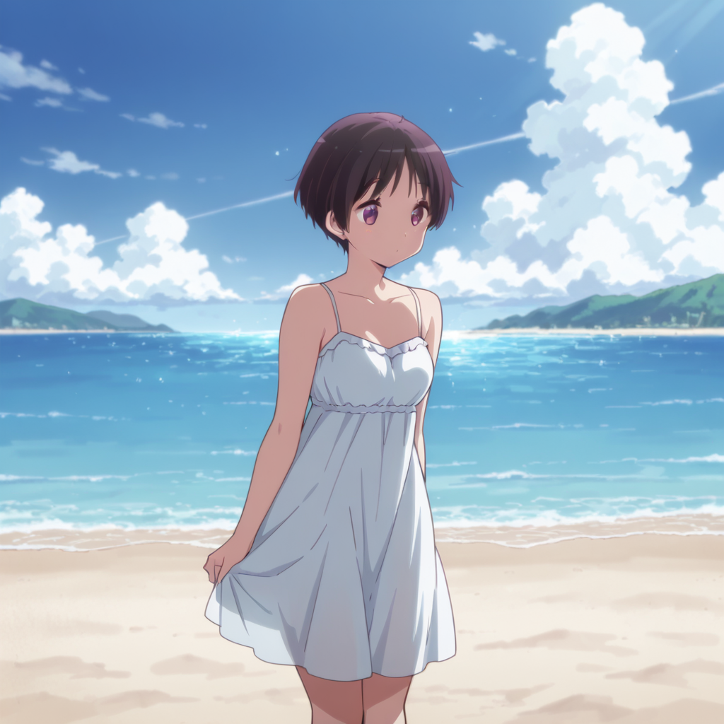 masterpiece, best quality, amazing quality,1girl, solo, love_chunibyo_other_delusions_kumin_tsuyuri, standing, sundress, scenery, dress, beach, <lora:Kumin_Tsuyuri:0.7>