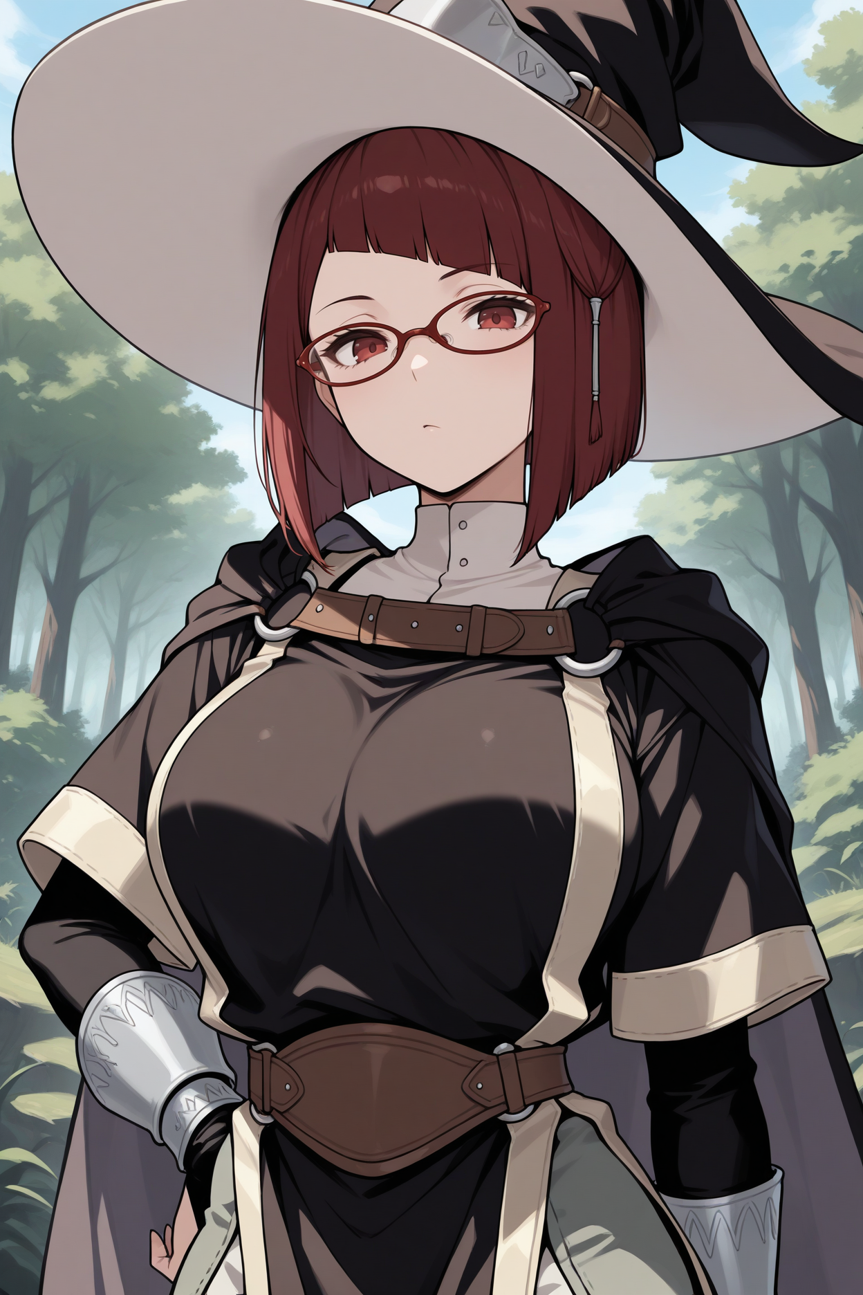 masterpiece, best quality, 1girl, solo,  <lora:femiriel-illu-nvwls-v1-000006:1> m1ri, dark red hair, bob cut, dark red eyes, large breasts, witch hat, glasses, hair ornament, white collar, black cape, brown strap, black shirt, layered sleeves, black sleeves, bridal gauntlets, tabard, pelvic curtain, brown belt, baggy pants, two-tone pants, looking at viewer, upper body, blue sky, forest, bored, close-up