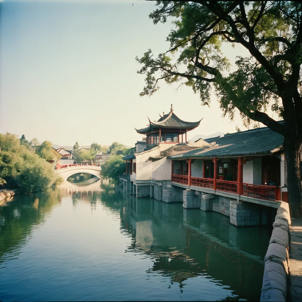 4k,realistic,photograph,analog film photo Deep photo,ferrania p30 film,Kodachrome,grainy,chinese style,daytime,sunny,
a beautiful chinese town,trees,river,bridge,
east asian architecture,<lora:east_asian_architecture:0.75>,