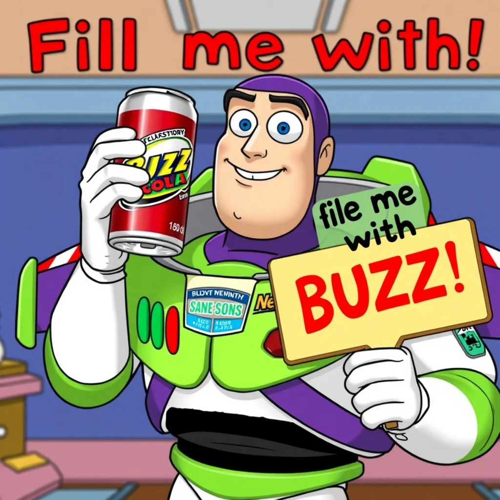 Buzz Lightyear from Toy Story, holding up a can of "Buzz Cola" from The Simpsons, and holding up a sign saying "Fill me with BUZZ!"