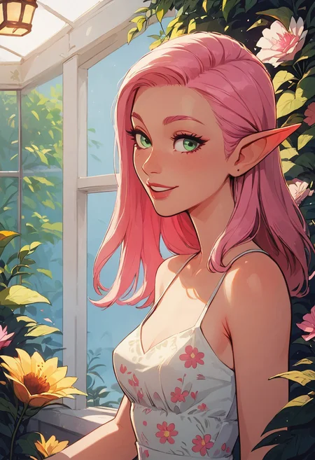 safe_pos, score_9, score_8_up, score_8, 1girl , solo sexy elf woman, light green eyes, straight long pink hair, eyeliner, perfect face, elegant, refined, small breasts, colorful floral sundress, sweet smile, dynamic pose, volumetric lighting, cinematic lighting, indoors, greenhouse, vibrant colors, blurry background