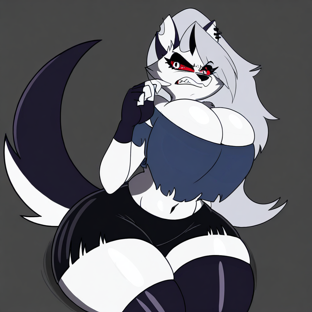 canine, (loona (helluva boss), furry, anthropomorphic wolf, anthro girl, canine girl, seiiartworks style, thick outlines, red eyes, red sclera, silver hair, long hair, bangs, large wolf ears, fluffy tail, white and gray fur, thick thighs, wide hips, large breasts), , hellhound, mammal, anthro, helluva boss, 2023, belly button, black nose, bottomwear, breasts, clothes, colored sclera, crop top, digital art, disgusted, ears, eyelashes, female, fingerless gloves, fur, gloves, red sclera, shorts, solo, solo female, tail, thick thighs, thighs, topwear, wide hips, worried,solo female