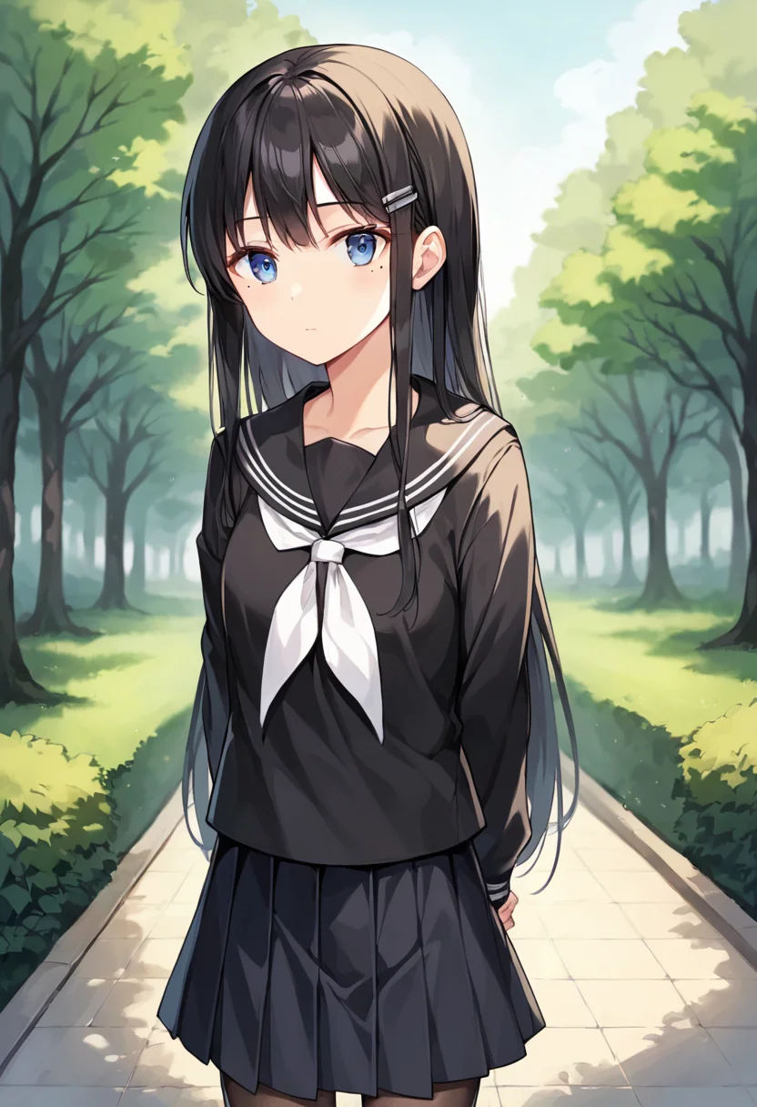 score_9,score_8_up,score_7_up,source_anime,masterpiece,best quality,game cg,1girl,solo,park,shimotsuki_rin,blue eyes,black hair,long hair,mole left under eye,hair ornament,hairclip,school uniform,long_sleeves,black serafuku,skirt,pantyhose,white neckerchief,<lora:HBSrin:0.9>,looking_at_viewer,standing,expressionless,closed mouth,cowboy_shot,arms_behind_back,