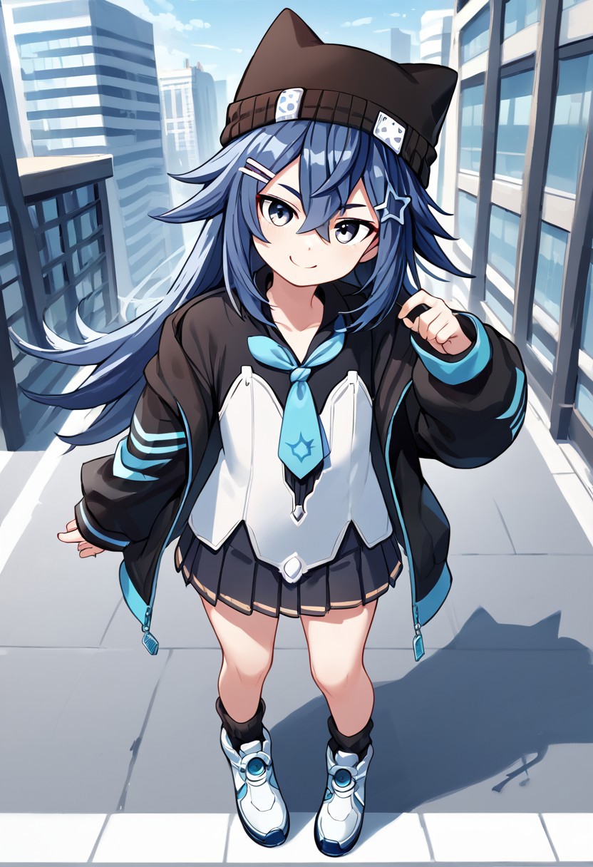 source_anime, score_9,score_8_up, score_7_up,score_6_up, 
1girl, 
yomidoujima, blue hair, long hair, hairclip, hair ornament, cat beanie, white shirt, black jacket, tie, black skirt, white shoes, black socks, loose socks, flat chest, 
standing, full body, smile, 
city,