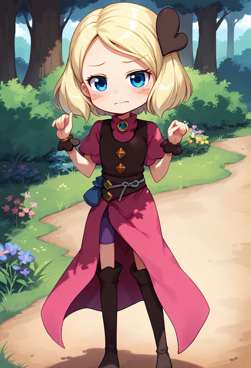 score_9, score_8_up, score_7_up, best quality, uncensored, source_anime, BREAK
1girl, sw-mayone, blond hair, short hair, heart hair ornament, blure eyes, blush stickers, pink dress, brown vest, sw-mayone outfit, purple bike shorts, brown thigh boots,
downpants, hands up, bashful, outdoors, 
<lora:sdxl_lightning_8step_lora:1> <lora:sw-mayone_XL(pony):1>