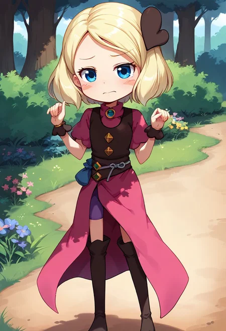score_9, score_8_up, score_7_up, best quality, uncensored, source_anime, BREAK
1girl, sw-mayone, blond hair, short hair, heart hair ornament, blure eyes, blush stickers, pink dress, brown vest, sw-mayone outfit, purple bike shorts, brown thigh boots,
downpants, hands up, bashful, outdoors, 
<lora:sdxl_lightning_8step_lora:1> <lora:sw-mayone_XL(pony):1>