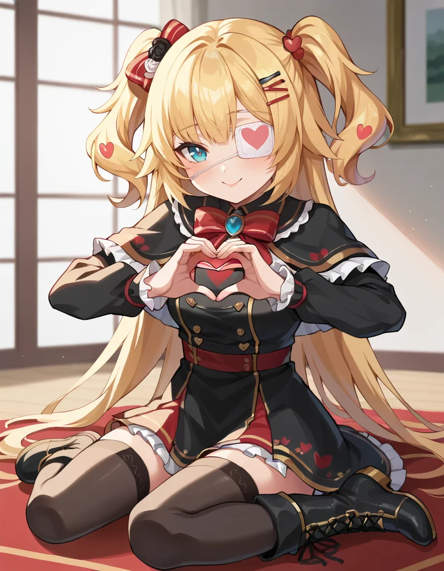 score_9, score_8_up, score_7_up, score_6_up, score_5_up, score_4_up, source_anime, anime screencap, BREAK 1girl, solo, full body, indoors, heart hands,
<lora:Akai_Haato_Pony:1> chamablk, long hair, blonde hair, blue eyes, eyepatch, twintails, hair ornament, jewelry, black dress, red skirt, frills, capelet, hair bow, hairclip, thighhighs, boots,