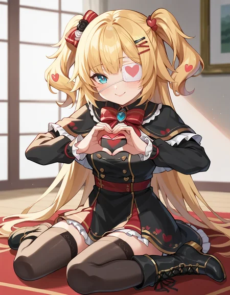 score_9, score_8_up, score_7_up, score_6_up, score_5_up, score_4_up, source_anime, anime screencap,  BREAK 1girl, solo, full body, indoors, heart hands,
<lora:Akai_Haato_Pony:1> chamablk, long hair, blonde hair, blue eyes, eyepatch, twintails, hair ornament, jewelry, black dress, red skirt, frills, capelet, hair bow, hairclip, thighhighs, boots,
