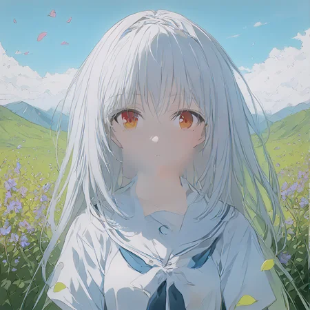 masterpiece,realistic,(flat color:0.5),impressionistic painting,,  luna, hill, meadow, overgrown flower, colorful flowers, wilderness, blue ambient light, looking at viewer, upper body, standing, sailor suit, petals, wind, spring, noon, sky, cloud,pole color,red eyes, white hair, <lora:Luna_Pony_test_after_3-000060:1>