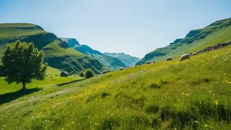 A professional scenic photography of the view On a secluded mountain pasture ringed by ancient stone walls. At summer midday, bright sun bathes the pasture in warm light, crisp shadows ripple across grass, and sheep graze among wildflowers. ,, masterpiece, best quality, amazing quality, very aesthetic, high resolution, ultra-detailed, absurdres, scenery, film grain, HDR, 8K, high contrast, realistic, cosplay, muted lithing, sharp focus, (chromatic aberration), fine details,