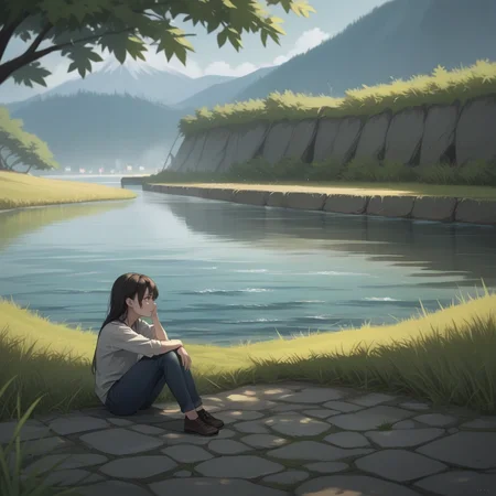 score_9, score_8_up, score_7_up, score_6_up, score_5_up, score_4_up, zPDXL2,source_anime,rating_questionable, <lora:Riverbank:0.8> r1verb4nk, outdoors, river, grass, 1girl, sitting, side profile, looking away, urban, sidewalk,