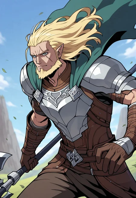masterpiece, best quality, newest, absurdres, highres,
INFMixV1.0,
1boy, manly, elf, beard, muscular male, blonde, blonde hair, pointy ears, scar, scar on face, armor, cape, chestplate, chest armor,
dynamic pose, polearm, holding polearm, holding weapon, weapon, halberd, holding halberd