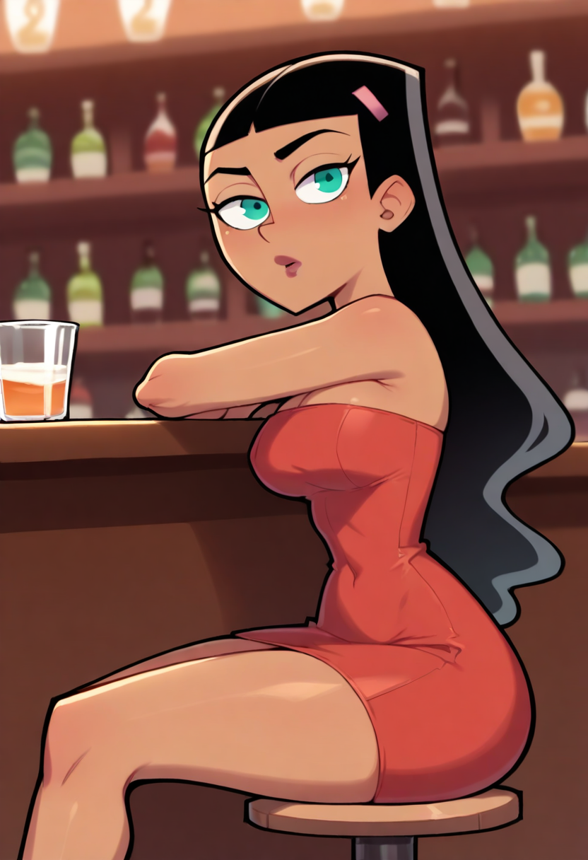 masterpiece,best quality,absurdres, close-up, 1girl, paulina sanchez, solo, black hair, aqua eyes, dark-skinned girl, red tube dress, strapless dress, sleevless dress, at a bar, sitting, bar (place)