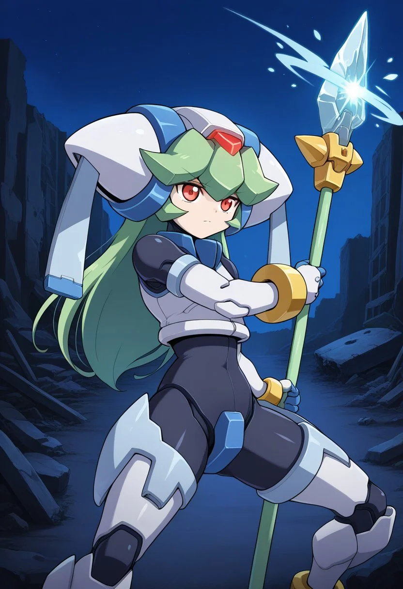 1girl, solo, pandorazxa, transformedform, android, green hair, long hair, red eyes, helmet, crop top, bodysuit, armor, armored gloves, armored boots, bracelet, anklet, holding staff, outdoors, highway, wreckage, ruins, night, serious, cowboy shot, dynamic pose, fighting stance, ice magic,