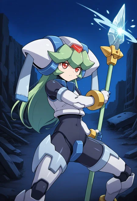 1girl, solo, pandorazxa, transformedform, android, green hair, long hair, red eyes, helmet, crop top, bodysuit, armor, armored gloves, armored boots, bracelet, anklet, holding staff, outdoors, highway, wreckage, ruins, night, serious, cowboy shot, dynamic pose, fighting stance, ice magic,