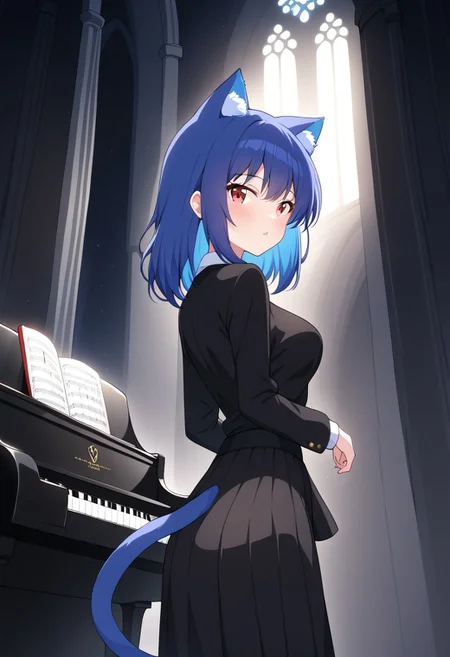 (score_9), (score_8_up), (score_7_up), Zyrnox-Exoterra Style, 1girl, cat girl, cute, masterpiece, source_anime, best quality, perfect anatomy, very aesthetic, absurdres, tail, dark atmosphere, dynamic lighting, church, blue hair, red eyes, piano