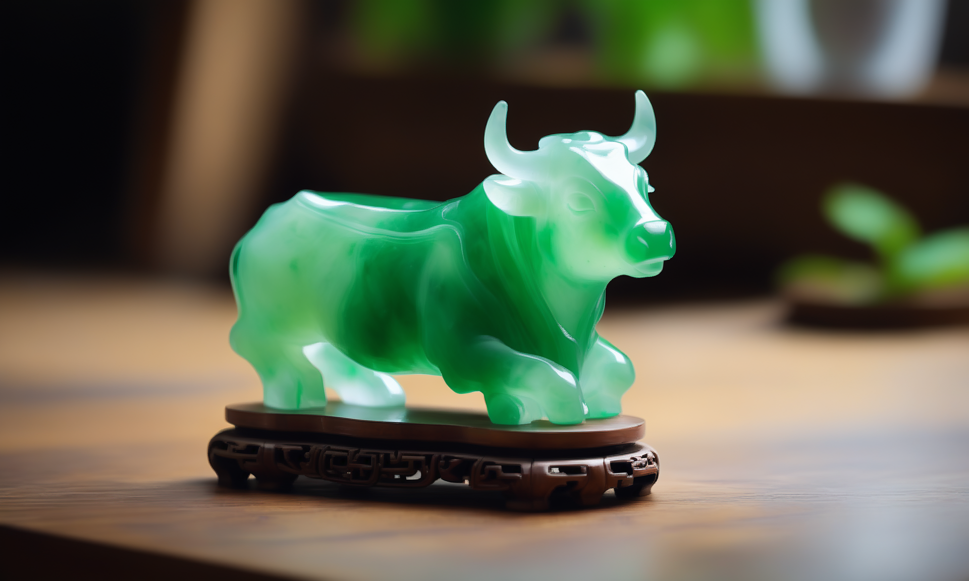 ethereal fantasy concept art of  <lora:jadeitecarvingcd_xl-000006:0.6>,a statue of a ox made of (green jadeite, transparent) on floor,tilt-shift,miniature,jadeitecarvingcd_xl with green theme,no humans,long-focus,indoors,chinese zodiac,wooden table,cutie,cute,still life,animal statue,front view,facing viewer,looking at viewer . magnificent, celestial, ethereal, painterly, epic, majestic, magical, fantasy art, cover art, dreamy