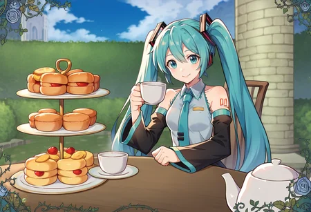 score_9, score_8_up, score_7_up, source_anime, BREAK, solo, 1girl, looking at viewer, smile, <lora:Teatime-pdxl_Fp:1>, teatime, table, food, cup, teacup, teapot, outdoors, sky, holding cup, sitting, chair, hatsune miku, detached sleeves,