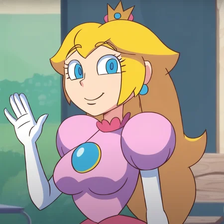 1girl, blonde hair, long hair, crown, blue eyes, large breasts, narrow waist, wide hips, looking at viewer, elbow gloves, smile, waving, highres, high quality, masterpiece, <lora:Princess_Peach_Star_Bomb_version:1>