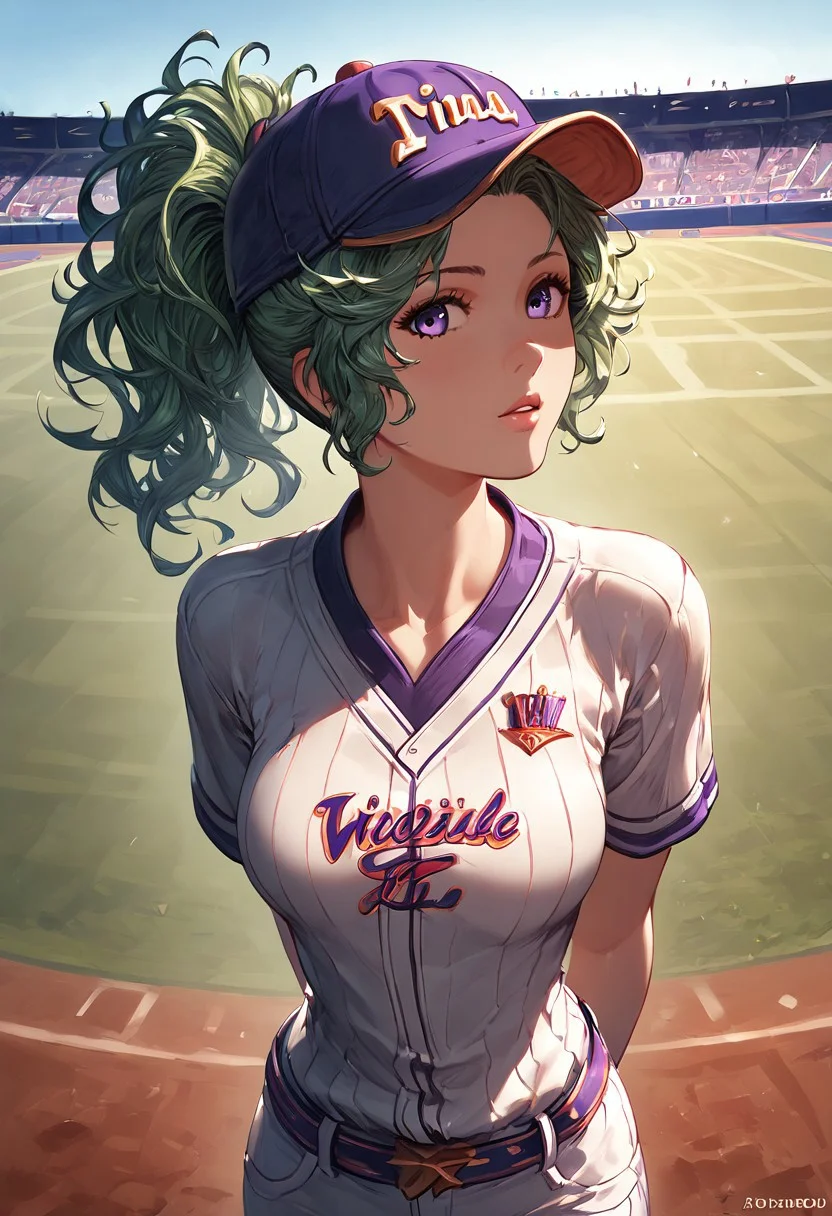 1girl, tina branford, green hair, violet eyes, (medium breasts), (petite body), messy hair, ponytail, medium length hair, looking at viewer, baseball uniform, outdoors, stadium, taut clothing, hands behind back, baseball cap,
score_9, score_8_up, score_7_up, (masterpiece, best quality, very aesthetic, ultra detailed), intricate details, beautiful face, detailed eyes, detailed background, granblue_fantasy_style_xl, expressiveh, light from above, shiny skin, oiled skin,