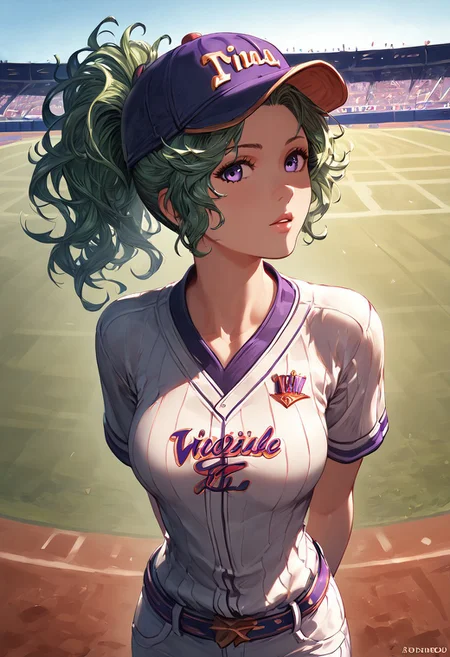 1girl, tina branford, green hair, violet eyes, (medium breasts), (petite body), messy hair, ponytail, medium length hair, looking at viewer, baseball uniform, outdoors, stadium, taut clothing, hands behind back, baseball cap, 
score_9, score_8_up, score_7_up, (masterpiece, best quality, very aesthetic, ultra detailed), intricate details, beautiful face, detailed eyes, detailed background, granblue_fantasy_style_xl, expressiveh,  light from above, shiny skin, oiled skin,