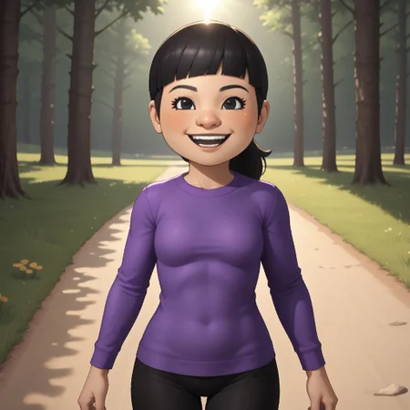 score_9, score_8, BREAK, solo, mii, wii u, wii sports club, 1girl, female mii, cute, black hair, ponytail, black eyebrows, black eyes, open mouth, teeth, blush, purple clothing, black pants, sneakers, small breasts, Pian-Pian_(\Wii_Sports_Club\), mature woman, Nintendo Mii, modern_mii, classic_mii, sexy pose, smile, outdoors, sunlight, shadows, evening lighting, natural lighting, forest, trees, grass, orange sky, sunset