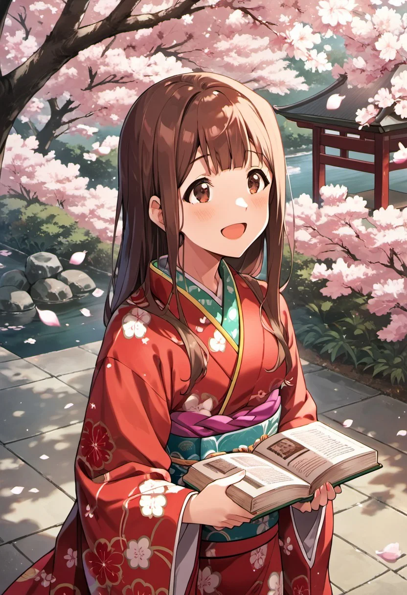 score_9, score_8_up, score_7_up, source_anime,tanaka kotoha, brown hair, long hair, brown eyes, japanese clothes, kimono, cherry blossoms, 1girl, smile, open mouth, looking up, petals, solo, red kimono, book, blush