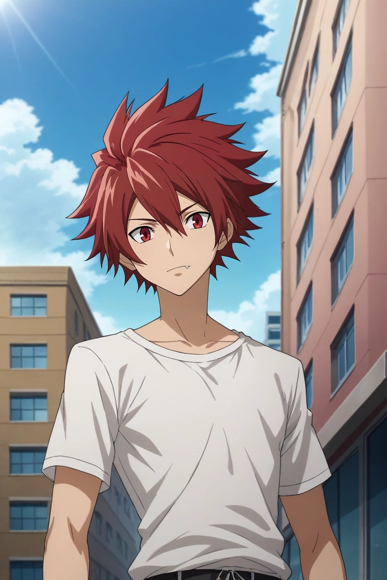 score_9, score_8_up, score_7_up, source_anime, rating_safe, , anime screencap, , official style, , depth of field, 1boy, solo, male focus, <lora:takuto_tsunashi_pony:0.78>, takuto_tsunashi, red hair, red eyes, spiked hair, bangs, , from below, rooftop, tokyo \(city\), building, skyscraper, noon, twisted torso, skin fang, , <lora:sdxl_lightning_8step_lora:1>