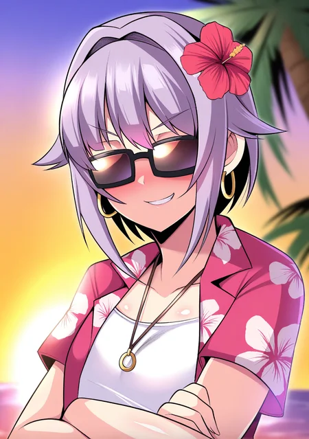 masterpiece, best quality, absurdres, perfect lighting,shiny skin,<lora:nishida_megane:0.7>,nishida megane,1girl,koshimizu sachiko,hawaiian shirt,sunglasses,smirk, crossed arms,depth of field, ocean,palm tree, necklace, hair flower,hoop earrings,sunset,