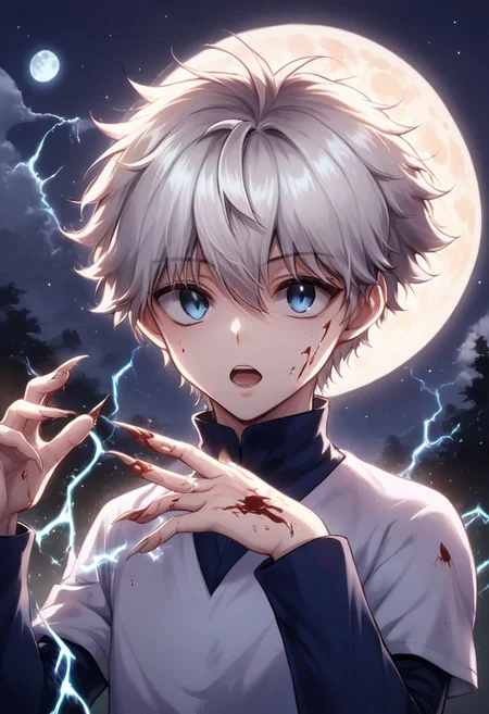 Score_9_up, Score_8_up, Score_7_up, Very detailed, high quality, masterpiece, beautiful, , killua_zoldyck, 1boy, solo, looking at viewer, short hair, open mouth, bangs, blue eyes, shirt, long sleeves, hair between eyes, upper body, white hair, male focus, looking back, electricity, magic, male child, score_8_up, rating_safe, shading, detailed background, good illumination, shiny leather, defined, a cliff, night, stars, full moon, full moon in the backgrounddetails<lora:xl_char_killua_zoldyck:1.0>, (countershading: 1.1) (Electrokinesis:1.3),perfect hands, good handes, perfect fingers,evil expression, murderous expression, blood on the face, blood on the hands, long nails,gore atmosphere, yandere, terrifying atmosphere,empty eyes,