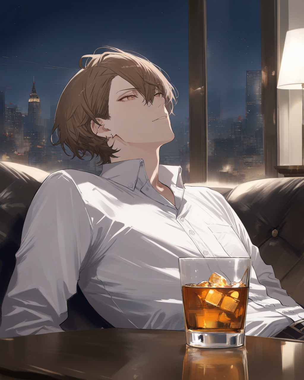 1boy, KagamiHayatoNijisanji, 
safe, male focus, upper body, 
nose,
relaxed, leaning back,
collared shirt,
night, living room, table, whiskey, soffa,
<lora:kp_KagamiHayatoNijisanjiAnimagineXL_v1_1:1.0>,
masterpiece, high score, great score, absurdres