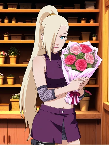 1girl, ino yamanaka, naruto shippuuden, alternate costume, ponytail, red hairclip, hair ornament, hair over one eye, lipstick, cute face, clear skin, shiny hair, cute smile, midriff, navel, miniskirt, bandages, thigh holster, purple high-collared blouse, mesh arm warmers, indoors, shelf, register, golden hour, shop, flower pot, holding pink and purple bouquet, looking at, bouquet, standing, upper body, candid shot, <lora:ino_yamanaka_ixl_rc1-000006:1>, masterpiece,best quality,amazing quality,