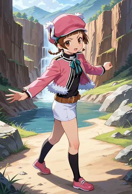 score_8, score_8_up, score_7_up, source_anime, anime screenshot BREAK 1girl, female focus, solo, Rifmonic_scs, cabbie hat, earflap hat, pink hat, twin braids, bangs, blunt bangs, sidelocks, brown hair, pink jacket, open jacket, fur-trimmed jacket, long sleeves, neck ribbon, black shirt, belt, skirt, white skirt, black socks, kneehighs, pink shoes, full body, canyon, outdoors, looking at viewer, fighting stance,