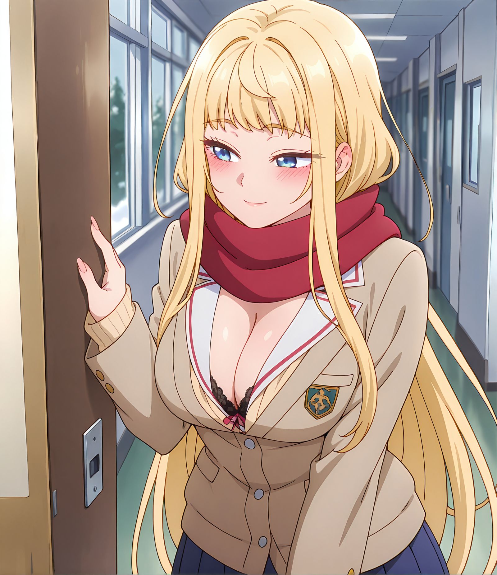 masterpiece,best quality,anime coloring,anime screenshot,
<lra:bra_peek:1>bra_peekV1,
1girl,breasts,cleavage,pantyhose,peeking, 
solo,skirt,standing,  (black lace bra),large breasts, 
(bra peek),upper body, blush,  light smile, 
school, 
<lora:minami_fuyuki:0.8>minami, blonde hair, long hair, scarf, blue eyes, school uniform, red scarf,  jacket, cleavage, very long hair, breasts,blush, blazer, cardigan, ribbon ,long sleeves, medium breasts, bangs, sidelocks,