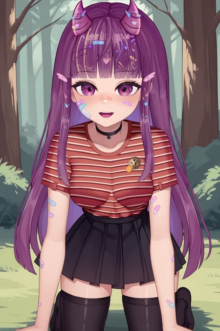 score_9, score_8_up, score_7_up, score_6_up, BREAK, KottyVTXL, bandaid on face, purple eyes, purple hair, long hair, blunt bangs, hair ornament, purple horns, black choker, medium breasts, striped shirt, red shirt, short sleeves, black skirt, black thighhighs, solo, all fours, looking at viewer, seductive smile, (forest) <lora:KottyVTXL:0.9>